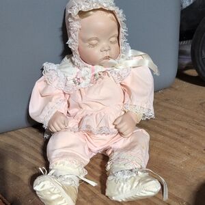 Vintage Porcelain Baby Doll in Pink Outfit
